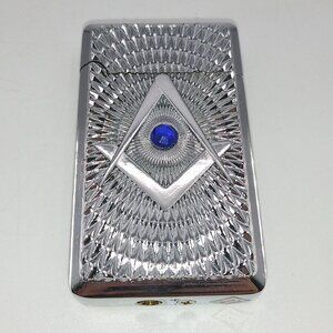Masonic Mason chrome windproof butane cigarette lighter blue stone READ DESC!